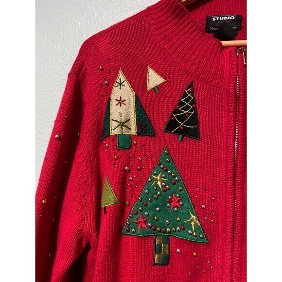 Vintage Designer Originals Studios Women's‎ Red Christmas Tree Sweater Zip Up XL - Picture 3 of 9